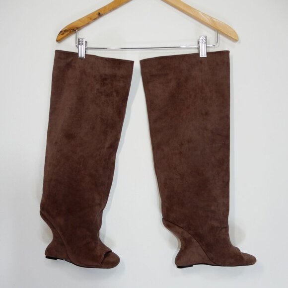 AZALEA WANG Vincent Knee High Open Toe Boots 6.5 Wedge Heel Brown Suede NEW - Picture 7 of 14